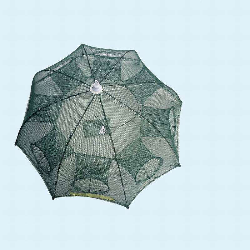 Green fishing net umbrella on a light blue background