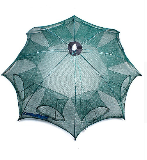 Green fishing net with umbrella-like structure on a white background