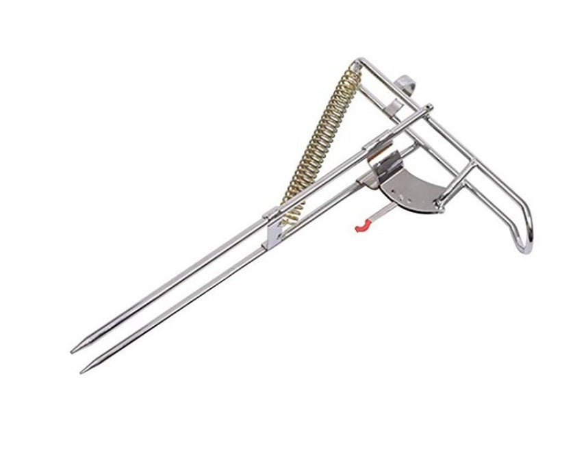 Automatic fishing hook setter with spring mechanism and ground stakes - complete view showing steel construction and trigger system for Qatar fishing and Gulf waters

