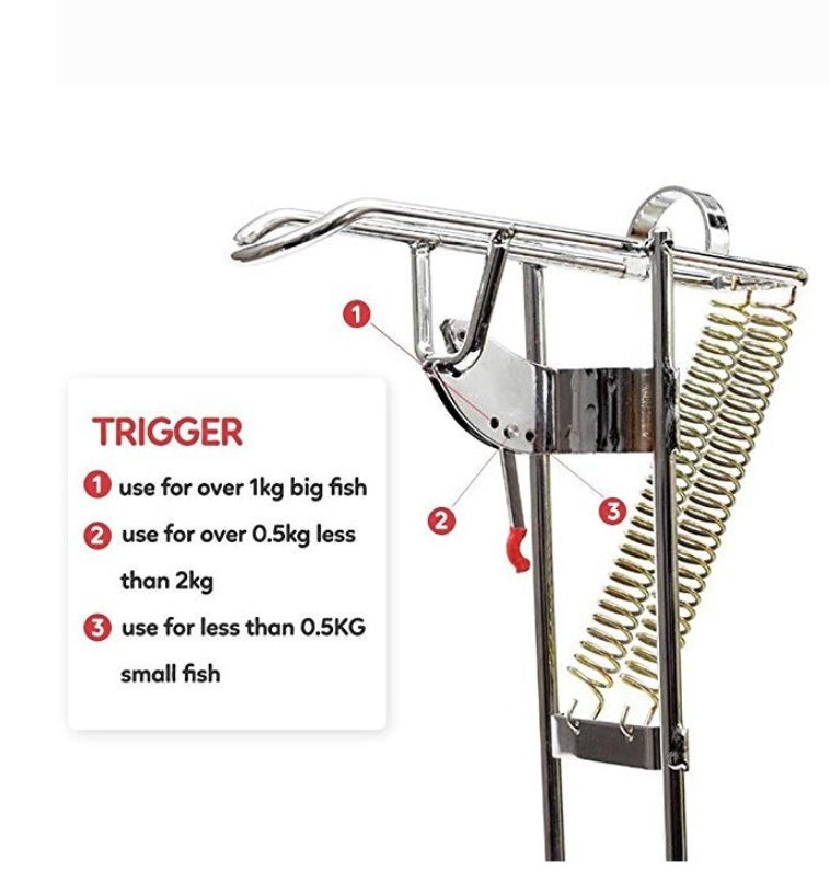 Automatic fishing hook setter showing adjustable trigger settings for different fish sizes - from small fish (0.5kg) to large Gulf species (over 1kg) for Qatar fishing
