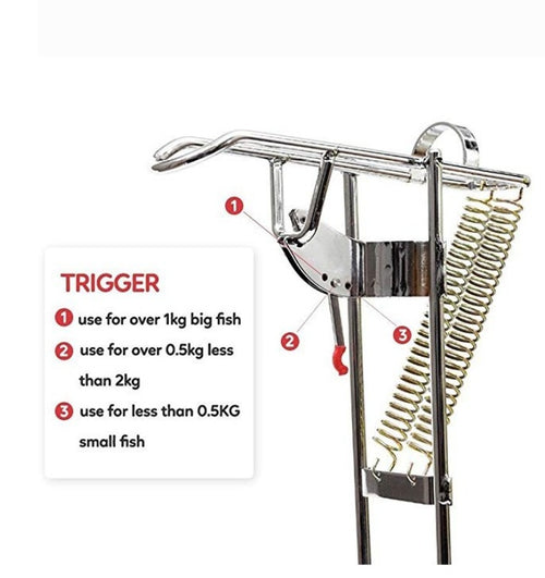 Automatic fishing hook setter showing adjustable trigger settings for different fish sizes - from small fish (0.5kg) to large Gulf species (over 1kg) for Qatar fishing
