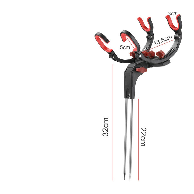 Multi-rod fishing holder with complete measurements - holds 4 rods, 32cm height, 22cm ground stake, adjustable spacing for Qatar multi-rod beach fishing setups