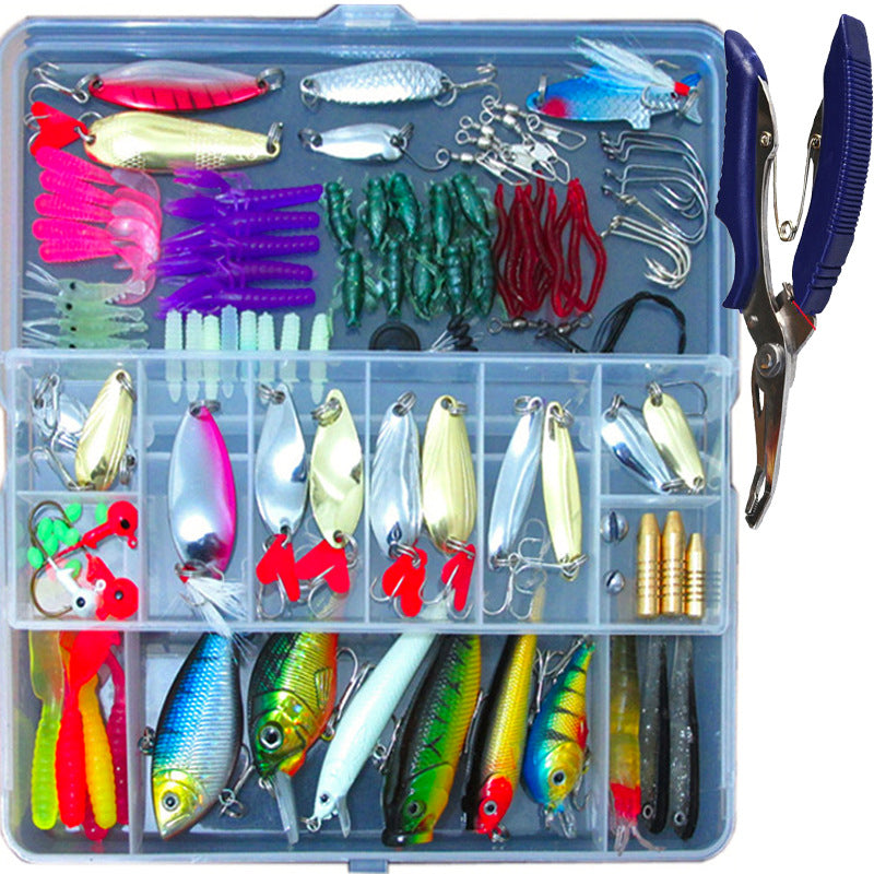 Fishing lure set in a clear organizer with various types of lures and accessories.