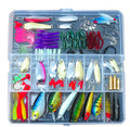 Assorted fishing lures and tackle in a clear box