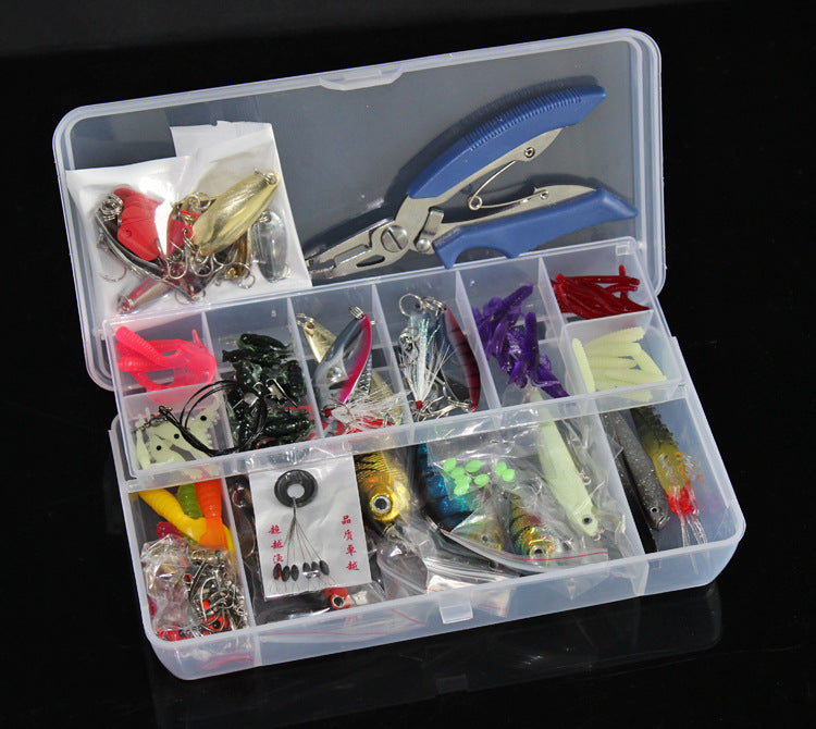 Fishing tackle box with various fishing lures and tools on a black background