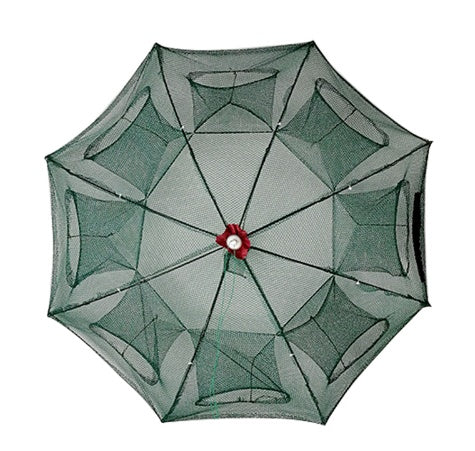 Green fishing trap with a red center on a white background