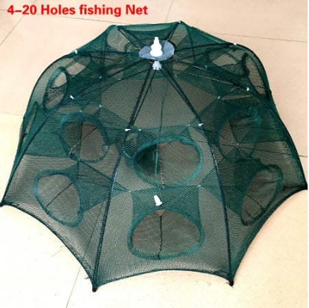 Green fishing net with 4-20 holes on a beige floor